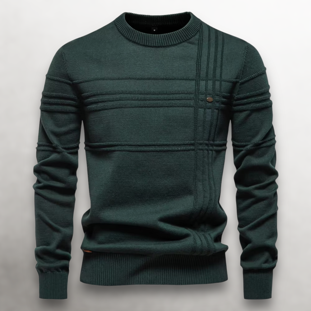 Pull col rond en coton coupe slim pour homme avec col, poignets et ourlet côtelés