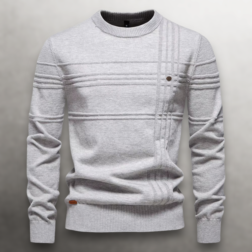 Pull col rond en coton coupe slim pour homme avec col, poignets et ourlet côtelés
