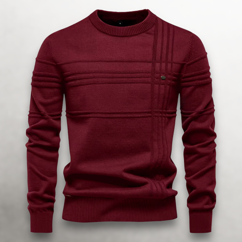 Pull col rond en coton coupe slim pour homme avec col, poignets et ourlet côtelés
