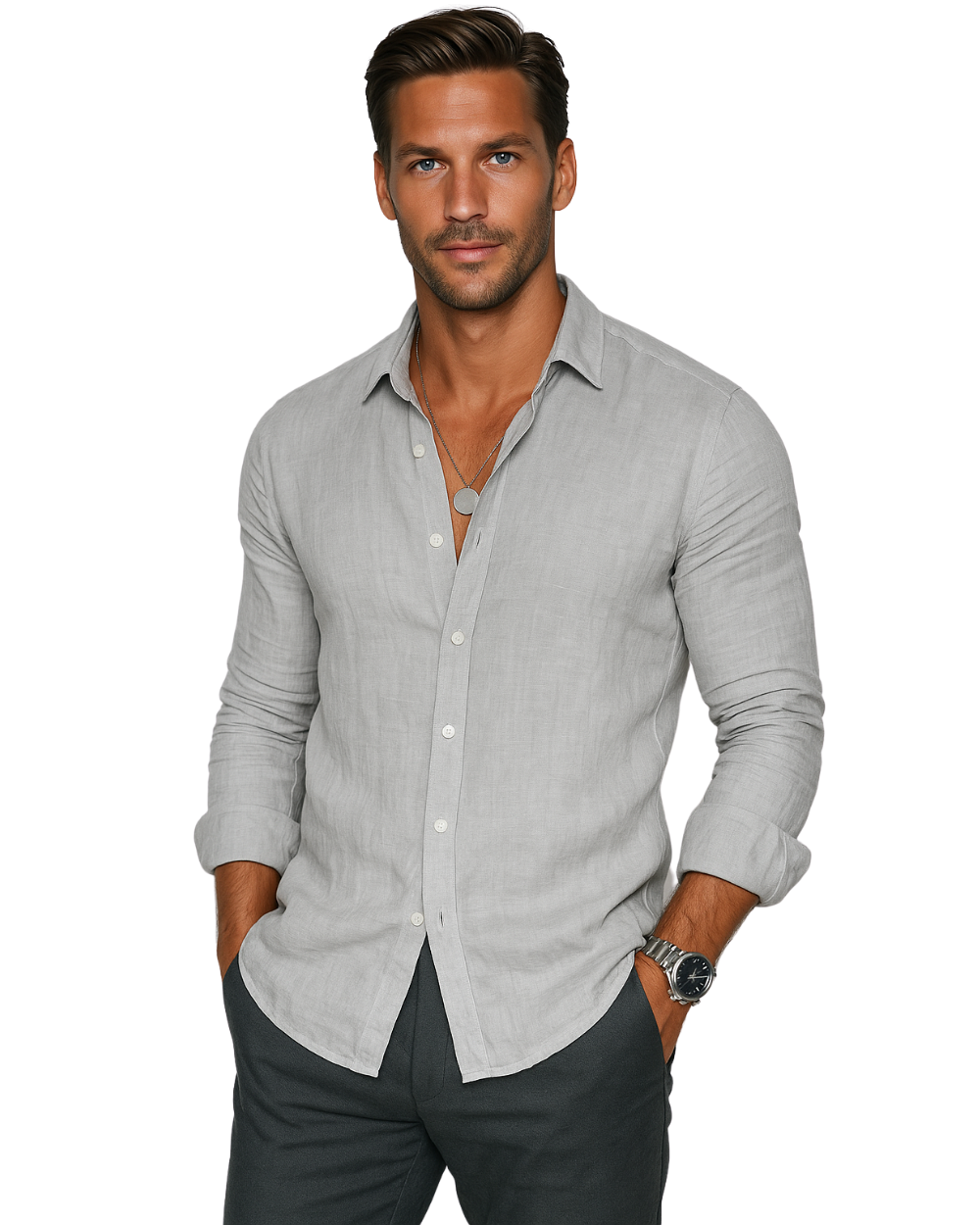 Chemise casual en lin pour homme à coupe ajustée, portée en tenue décontractée