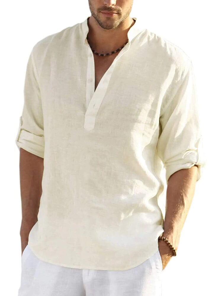 Chemise en coton et chanvre pour homme avec col montant boutonné et manches longues