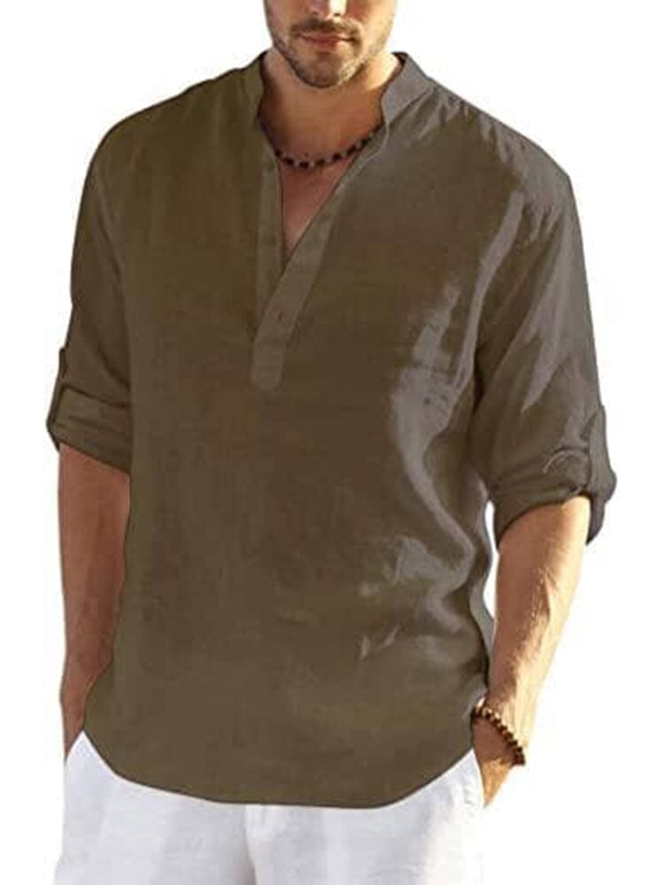 Chemise en coton et chanvre pour homme avec col montant boutonné et manches longues