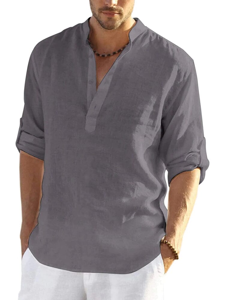 Chemise en coton et chanvre pour homme avec col montant boutonné et manches longues