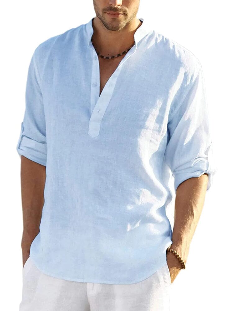 Chemise en coton et chanvre pour homme avec col montant boutonné et manches longues