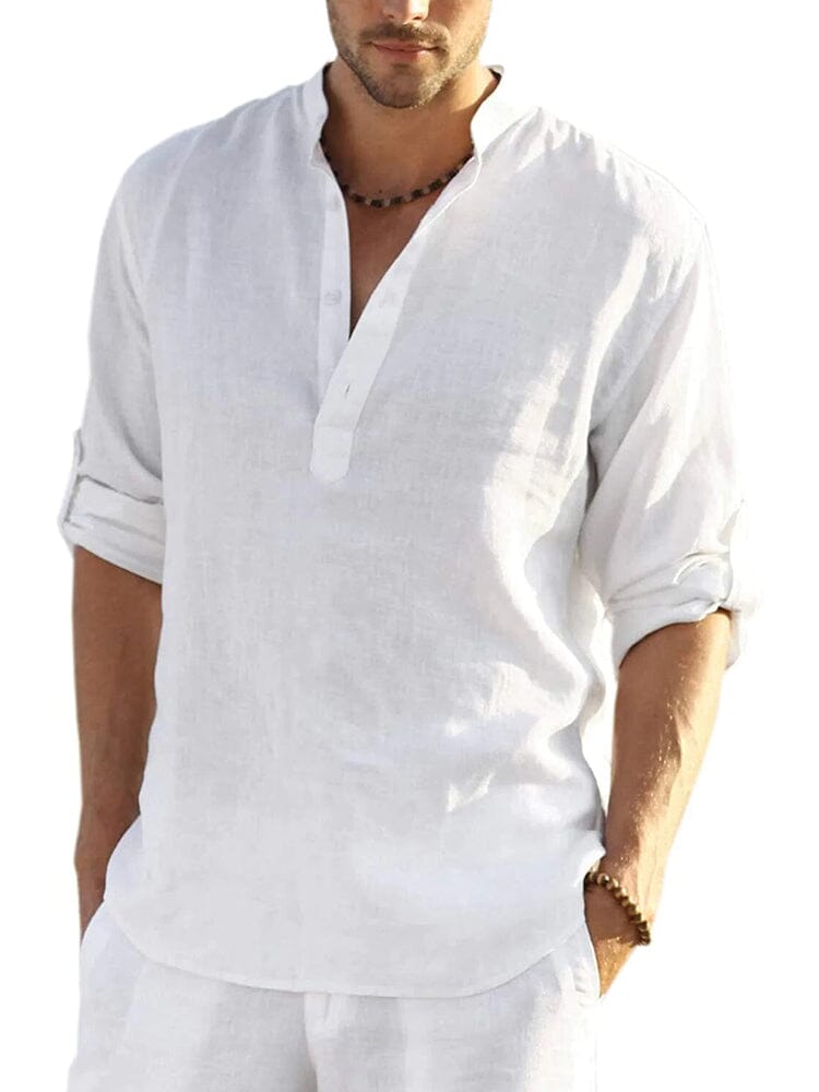 Chemise en coton et chanvre pour homme avec col montant boutonné et manches longues