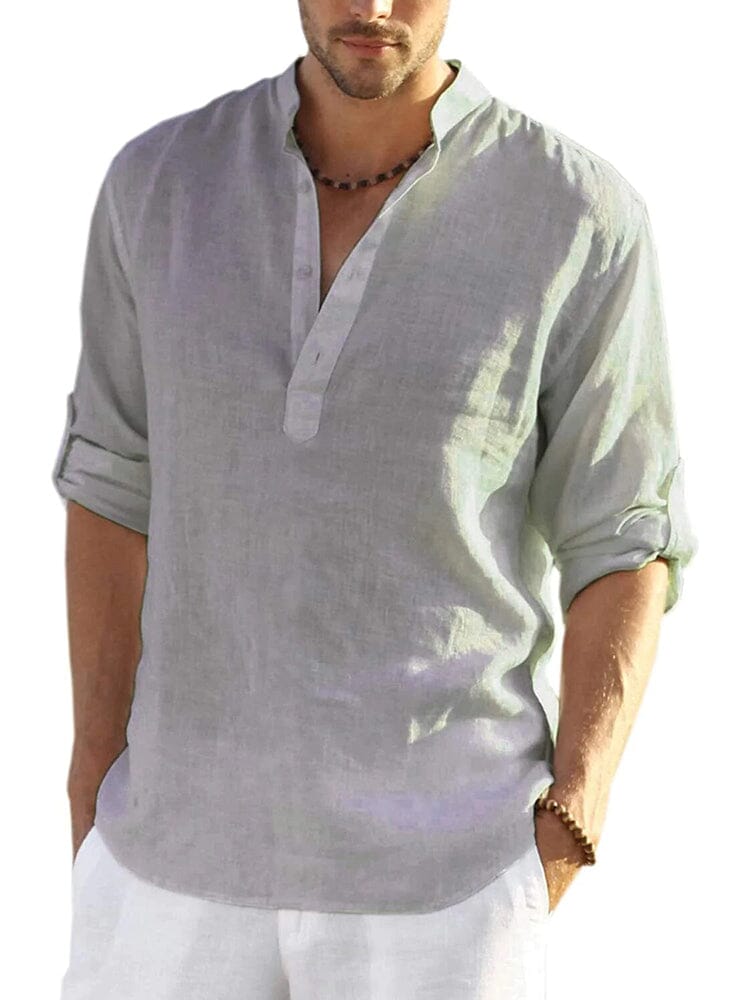Chemise en coton et chanvre pour homme avec col montant boutonné et manches longues