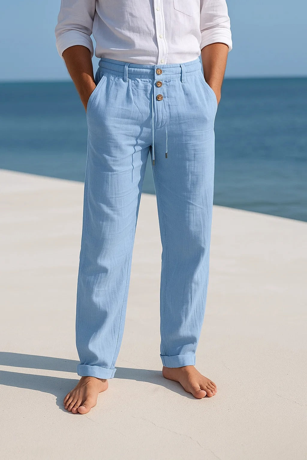 Pantalon d'été en lin léger pour homme à taille réglable