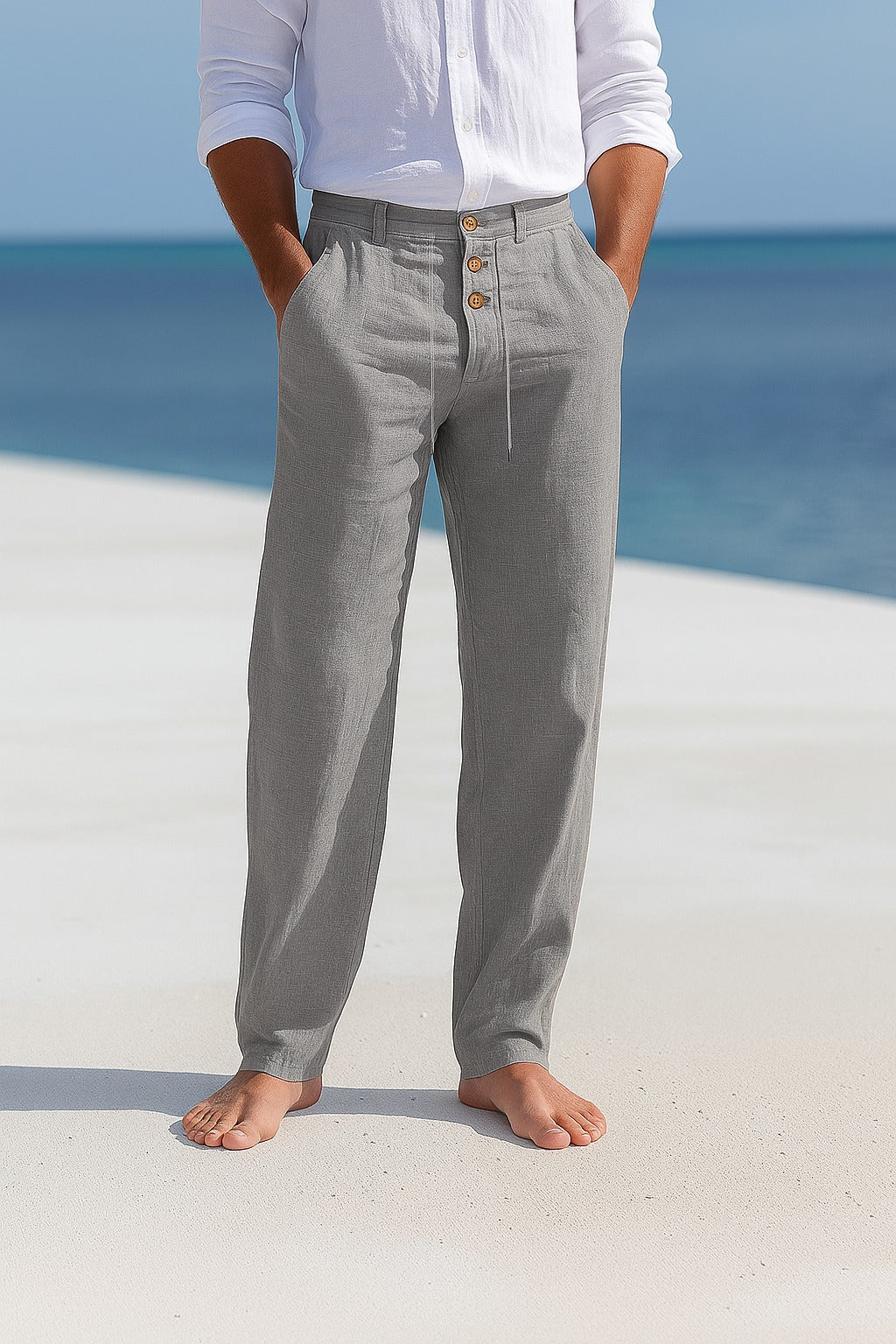 Pantalon d'été en lin léger pour homme à taille réglable
