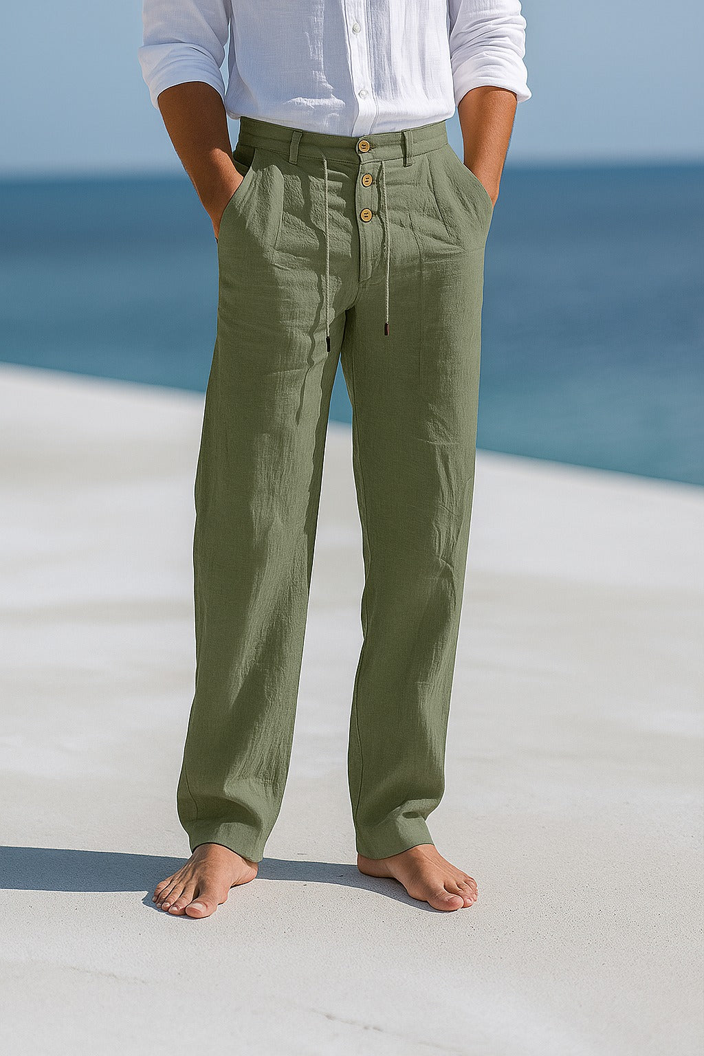 Pantalon d'été en lin léger pour homme, coupe confortable à taille réglable