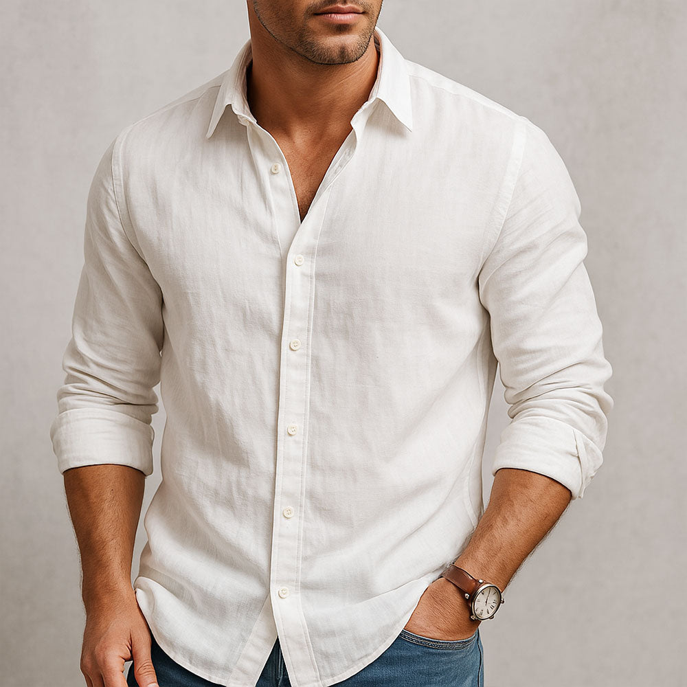 Chemise à boutons en lin et coton pour homme, coupe décontractée disponible en plusieurs couleurs