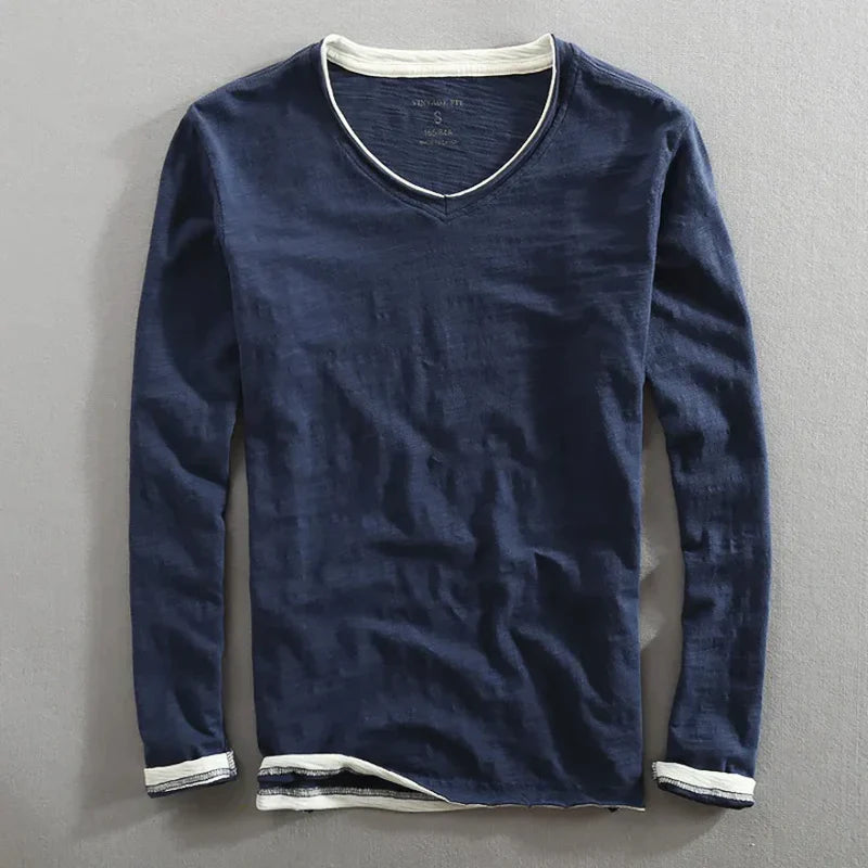 T-shirt homme à manches longues en coton avec col en V, coupe ajustée