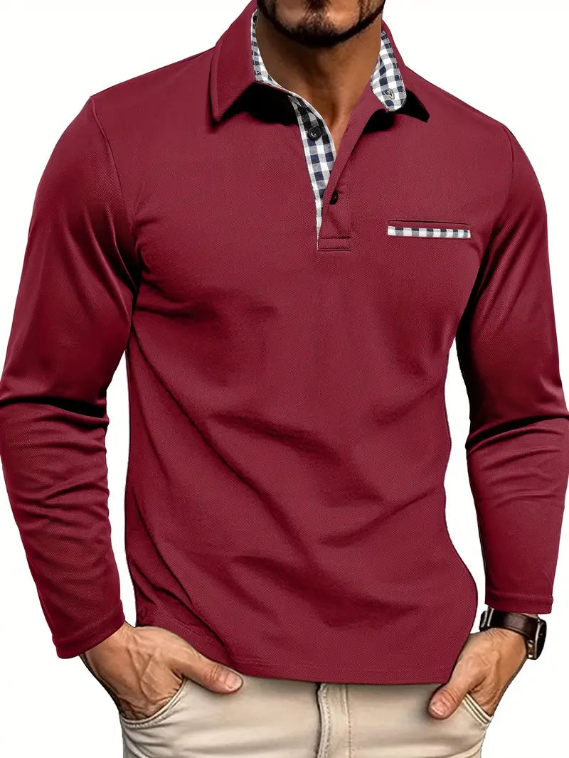 Polo à manches longues pour homme, coupe ajustée avec col et poche à empiècements à carreaux