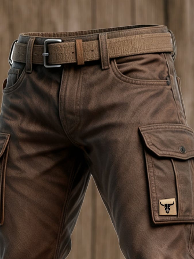 Pantalon cargo utilitaire marron pour homme à coupe droite avec poches à rabat