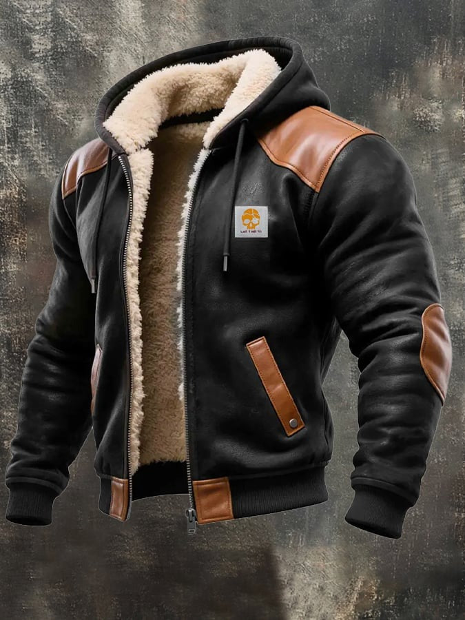 Veste vintage pour homme en daim et cuir avec capuche, coloris marron