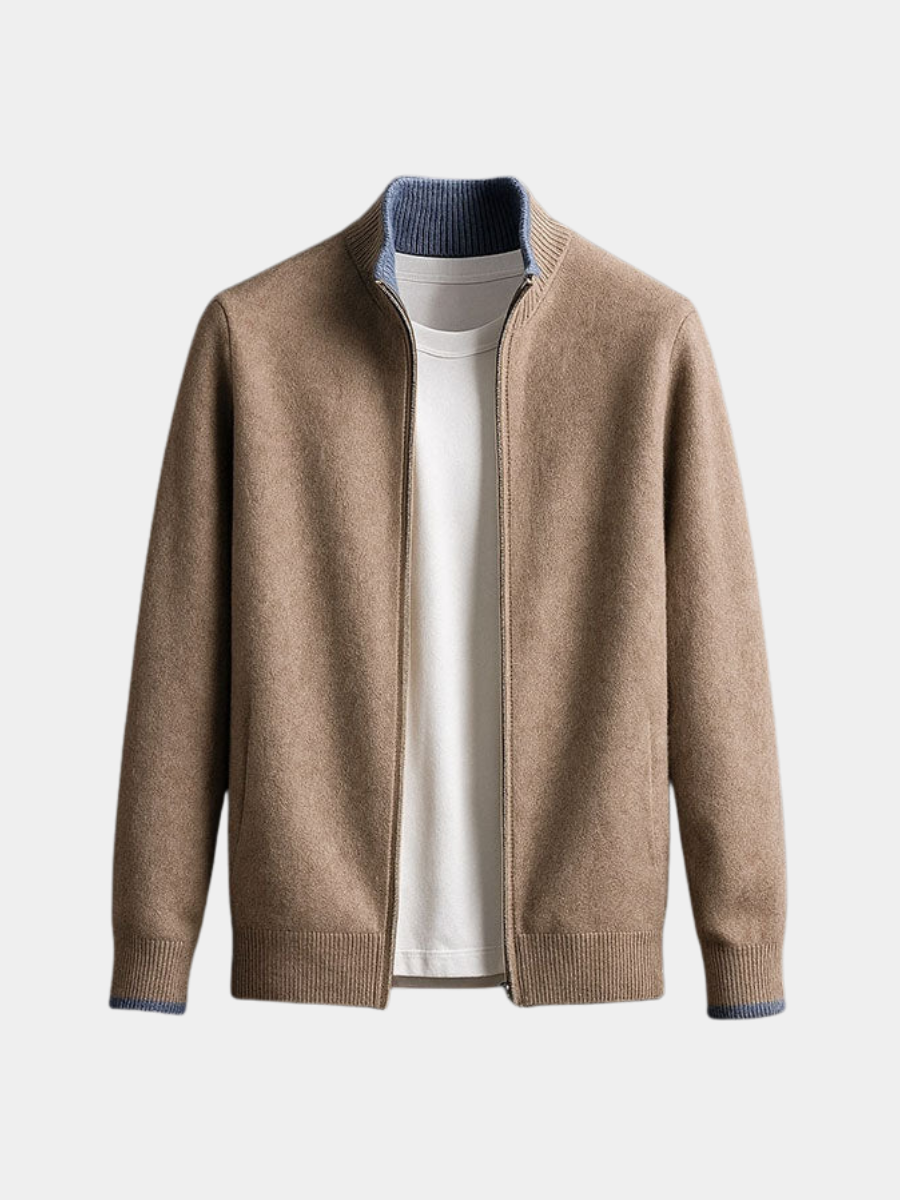 Pull zippé en maille pour homme à coupe droite, disponible en camel, gris et bleu