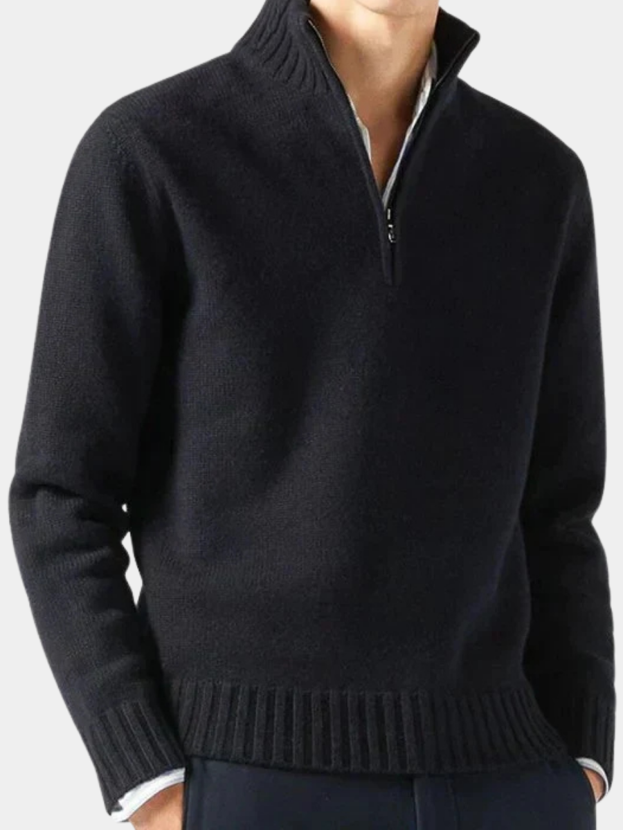 Pull en laine pour homme à col montant et demi-zip, coupe ajustée