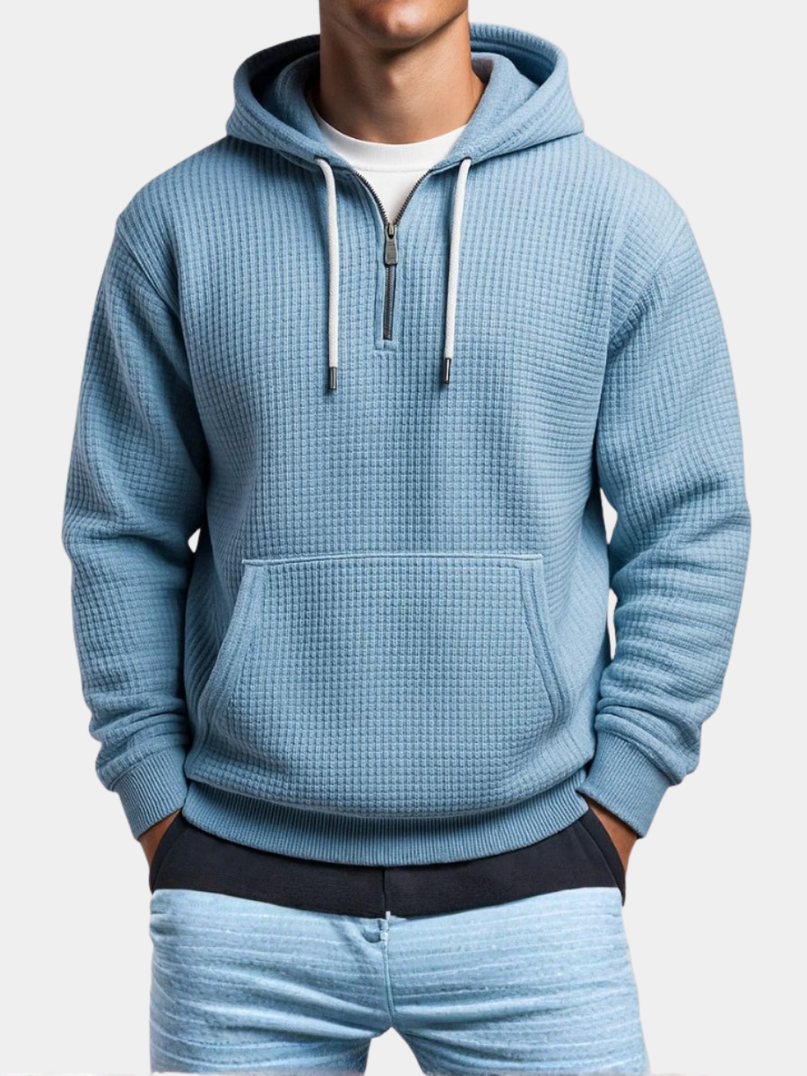 Sweat à capuche pour homme en maille waffle avec fermeture demi-zip et ourlet côtelé