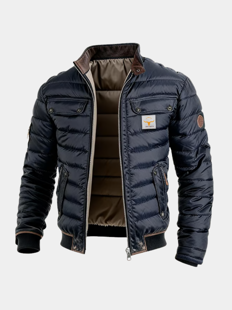 Veste urbaine pour homme bleu marine avec col montant et poches poitrine boutonnées