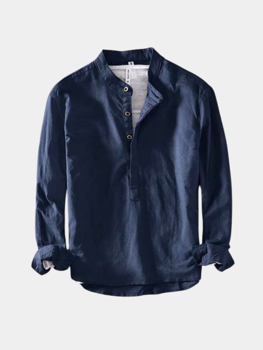 Chemise en lin lavé pour homme à encolure ouverte et patte à quatre boutons