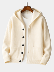 Cardigan à capuche en laine pour homme avec ourlet et poignets côtelés