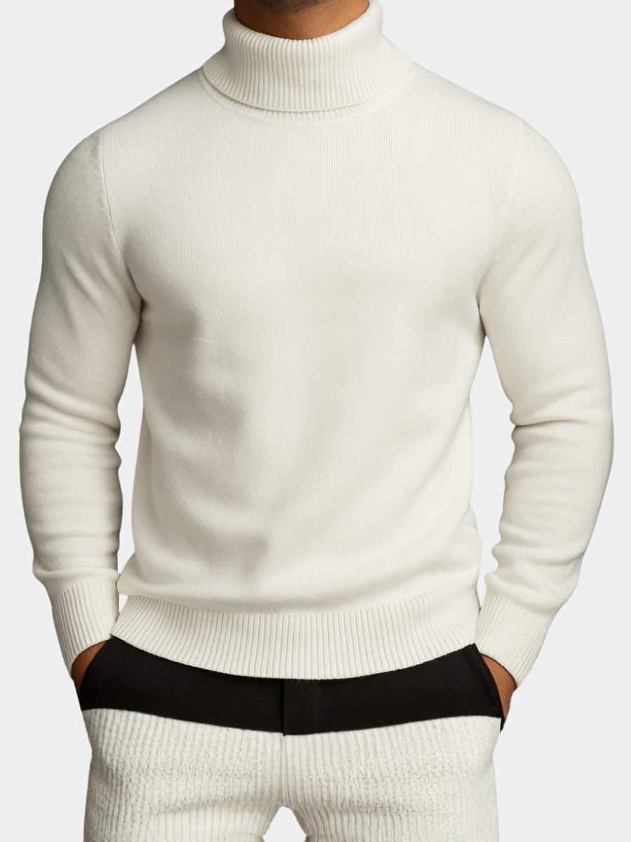 Pull col roulé côtelé pour homme à coupe ajustée, porté seul ou sous une veste