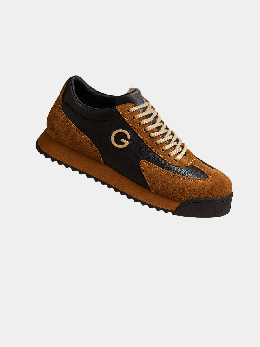Baskets pour homme en cuir suédé avec base effet cuir lisse, coloris marron et noir