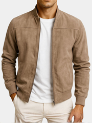 Veste homme en cuir suédé marron à col précis et silhouette épurée
