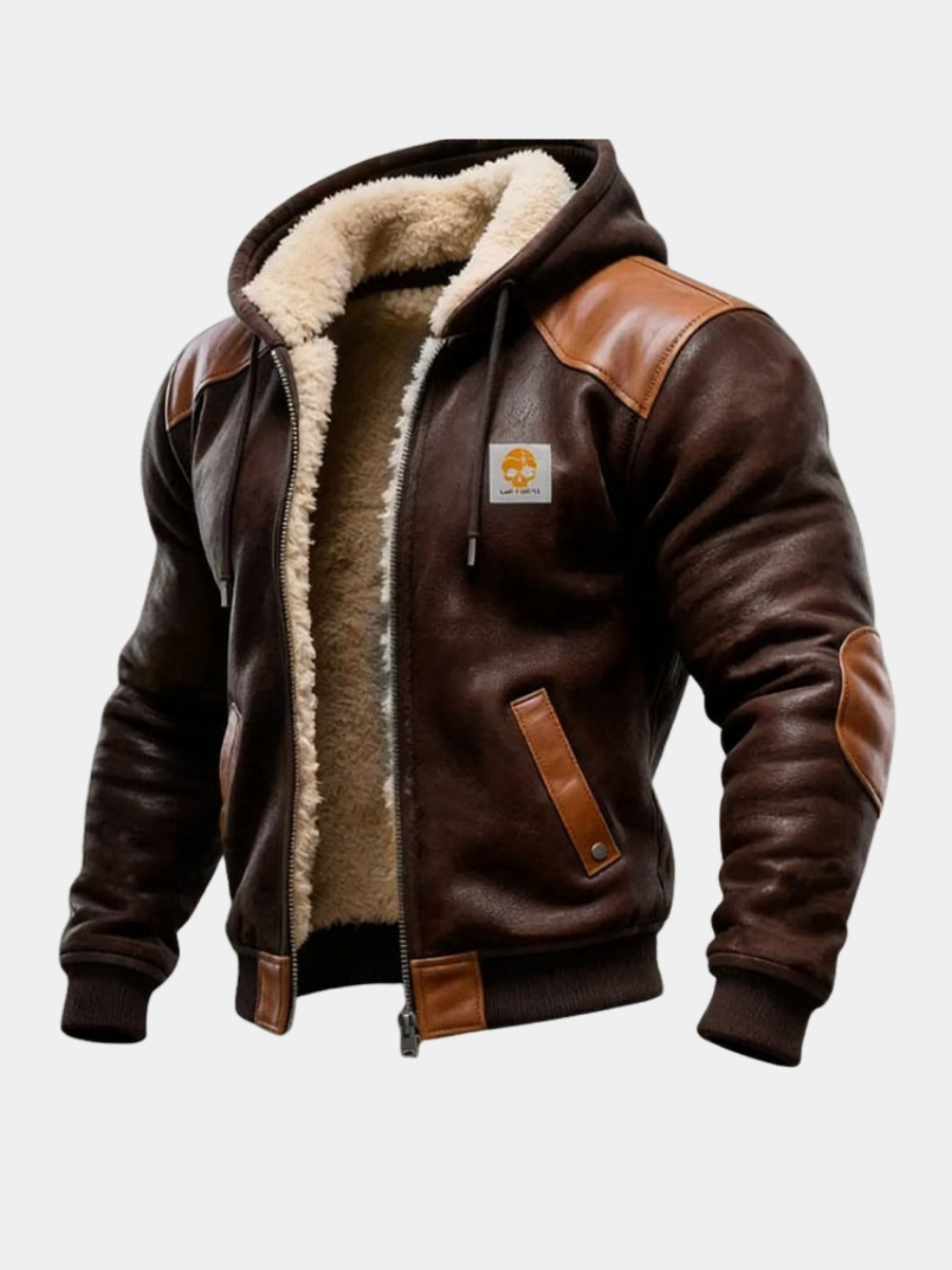 Veste vintage pour homme en daim et cuir avec capuche, coloris marron