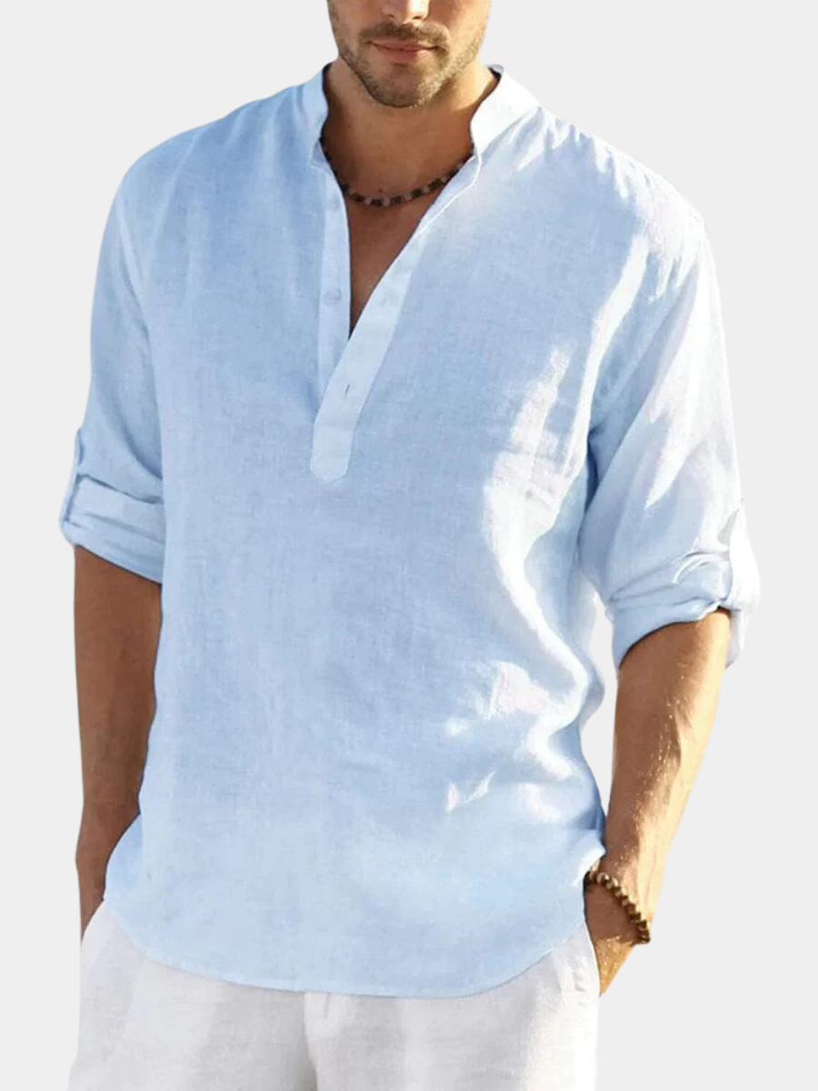 Chemise en coton et chanvre pour homme avec col montant boutonné et manches longues