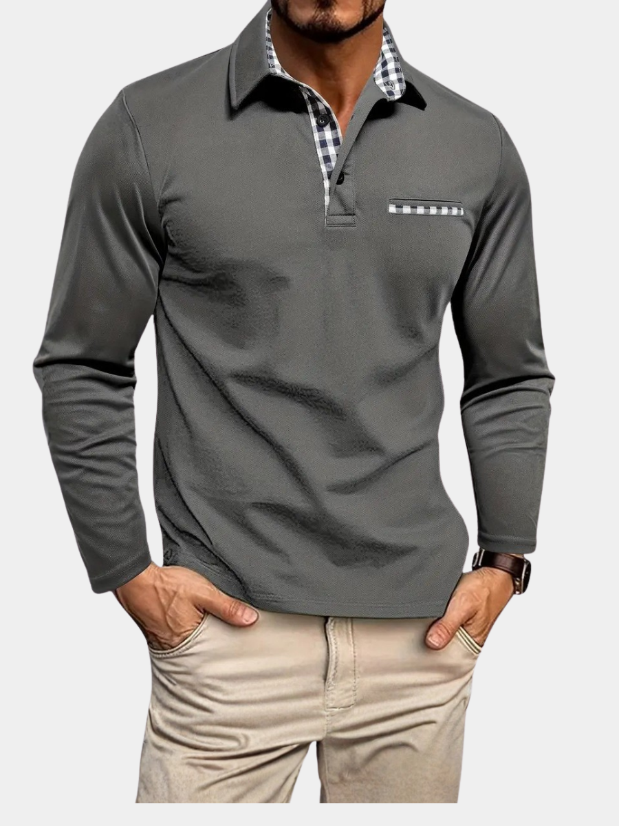 Polo à manches longues pour homme, coupe ajustée avec col et poche à empiècements à carreaux