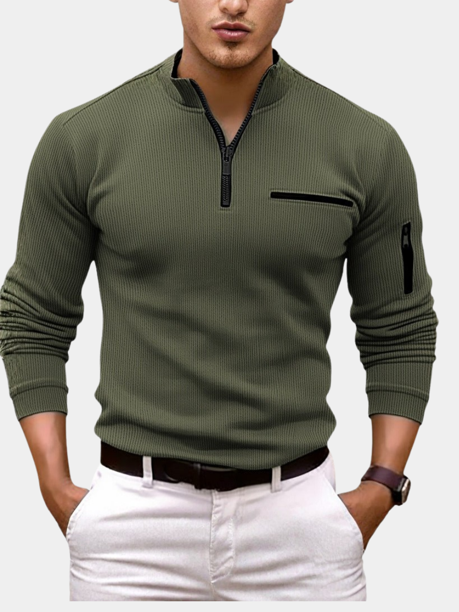 Chemise homme à manches longues avec col haut zippé et coupe ajustée