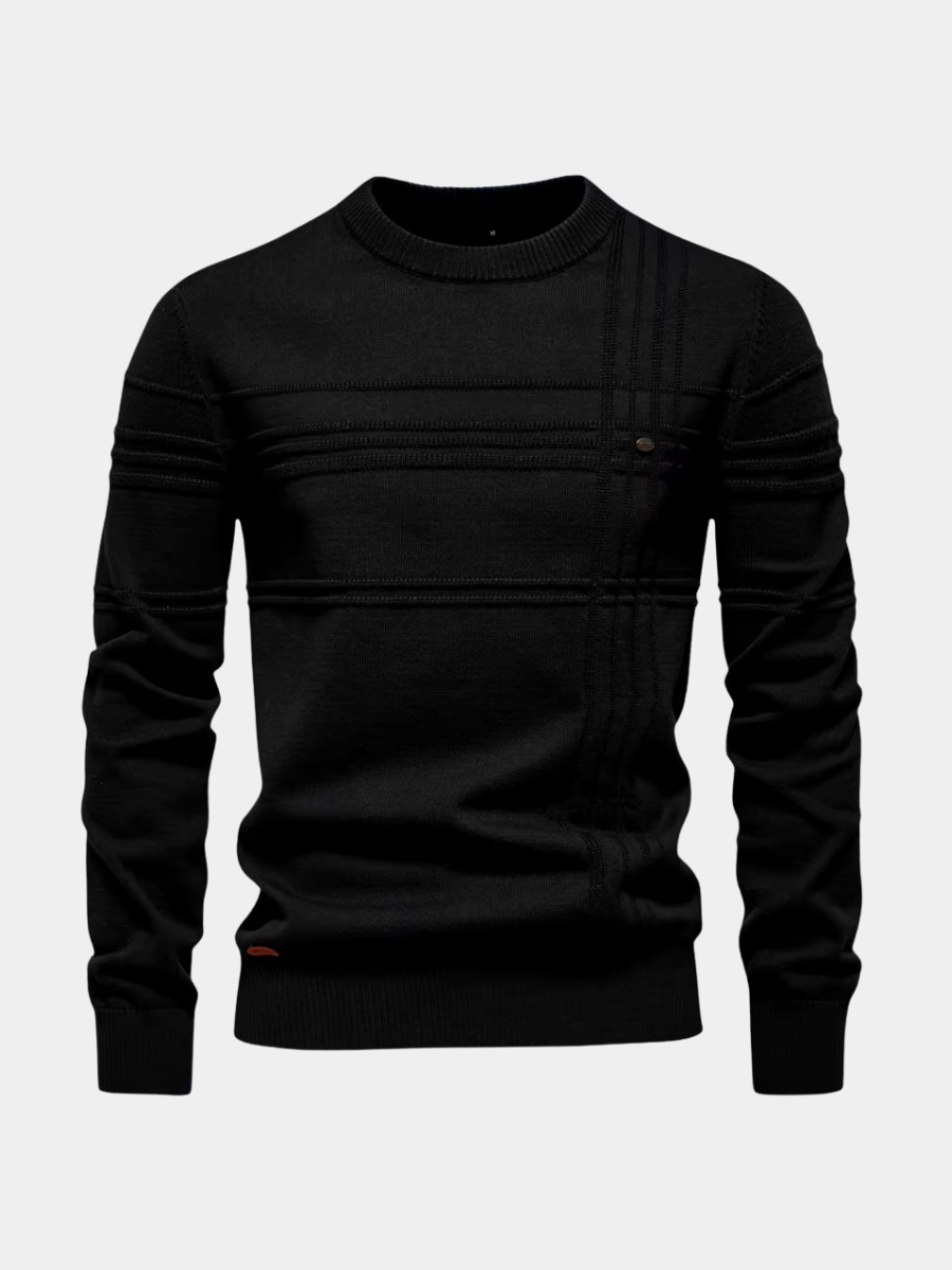 Pull col rond en coton coupe slim pour homme avec col, poignets et ourlet côtelés