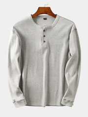 Maillot à manches longues en coton nid d'abeille pour homme, devant à trois boutons