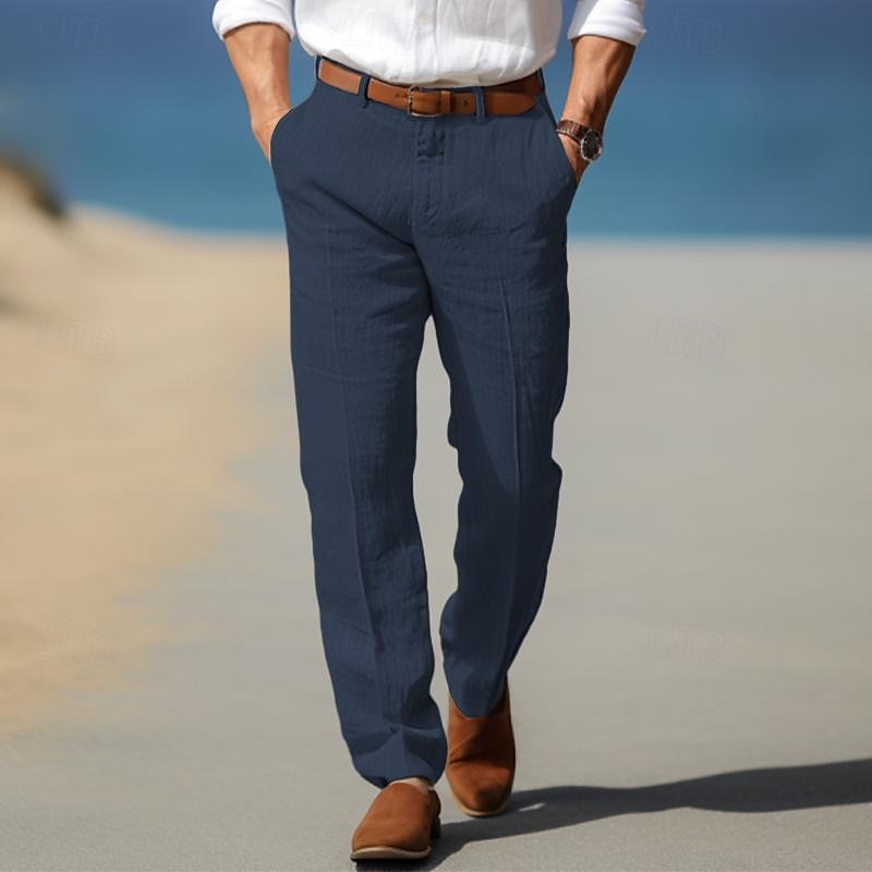 Pantalon en lin pour homme avec passants de ceinture, coupe élégante et décontractée