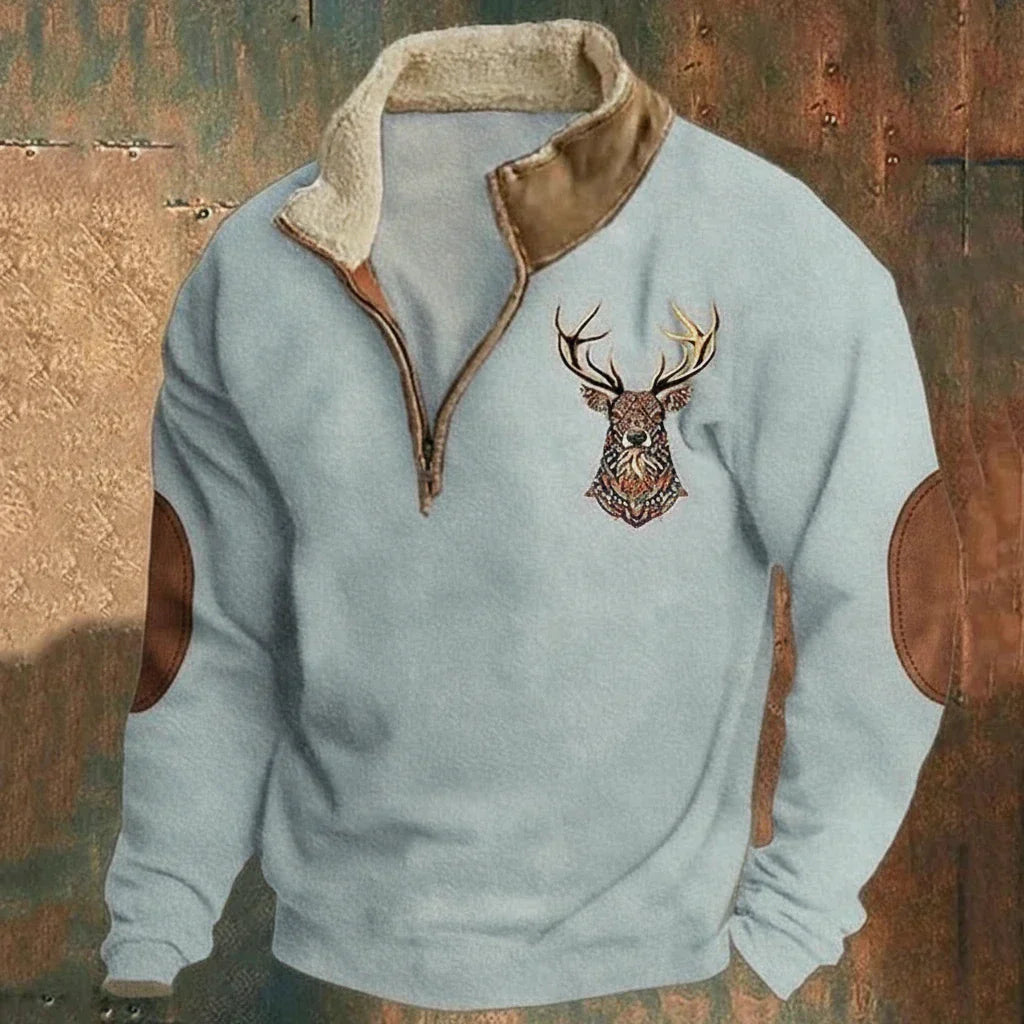 Pull half-zip pour homme doublé polaire avec motif cerf et col zippé