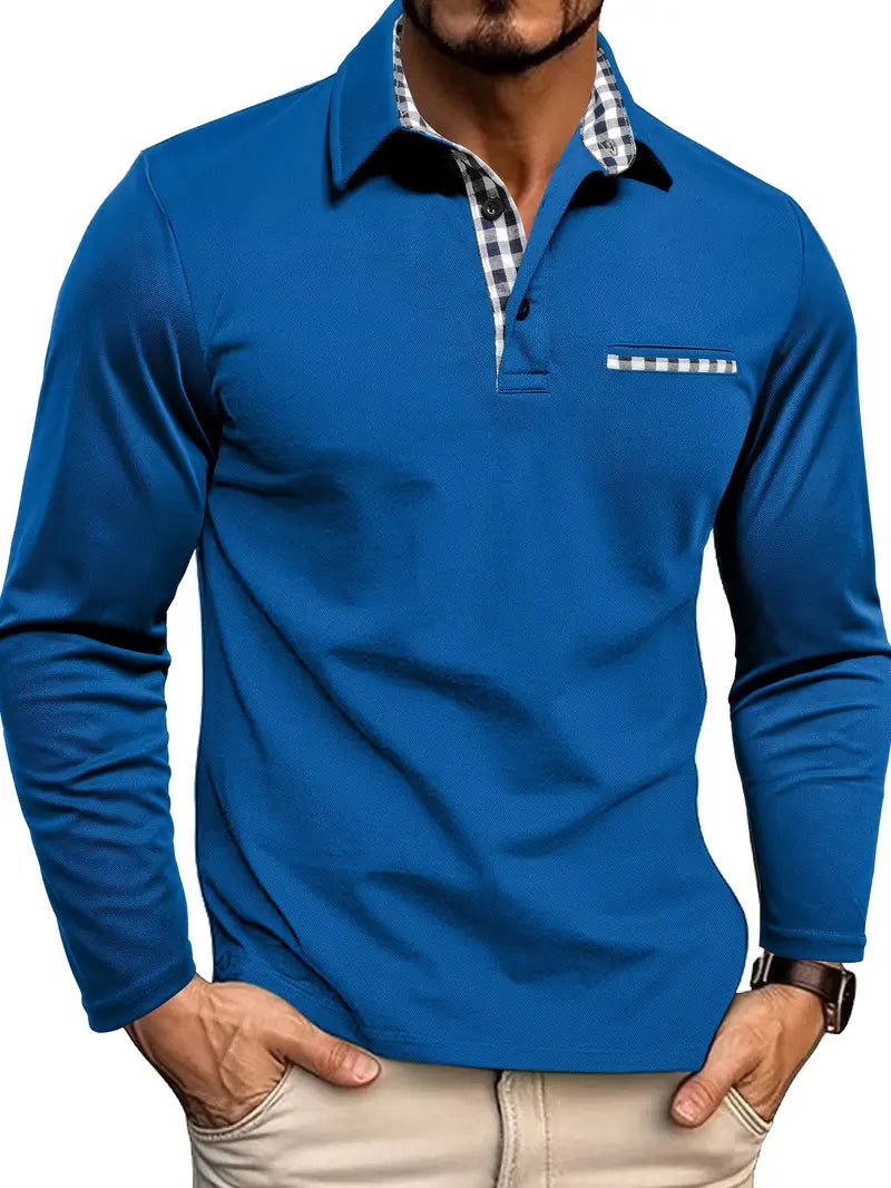 Polo à manches longues pour homme, coupe ajustée avec col et poche à empiècements à carreaux