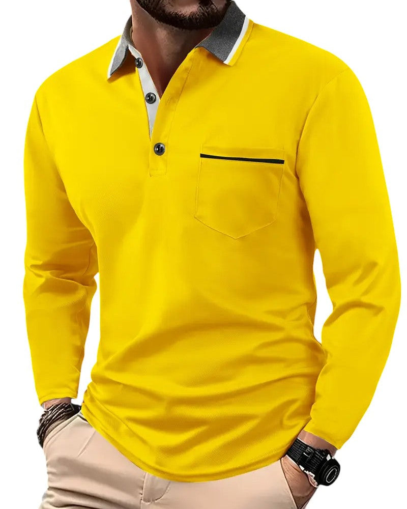 Polo à manches longues en coton mélangé pour homme, col structuré et coutures contrastées