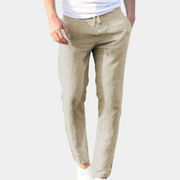 Pantalon léger en lin et coton pour homme, coupe décontractée avec taille à cordon