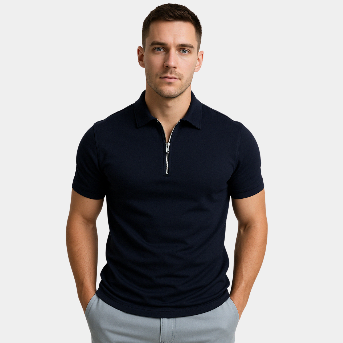 Polo homme à zip mi-haut coupe slim en tissu doux