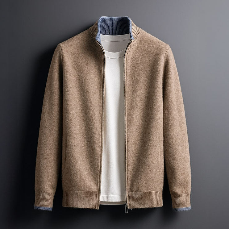 Pull zippé en maille pour homme à coupe droite, disponible en camel, gris et bleu