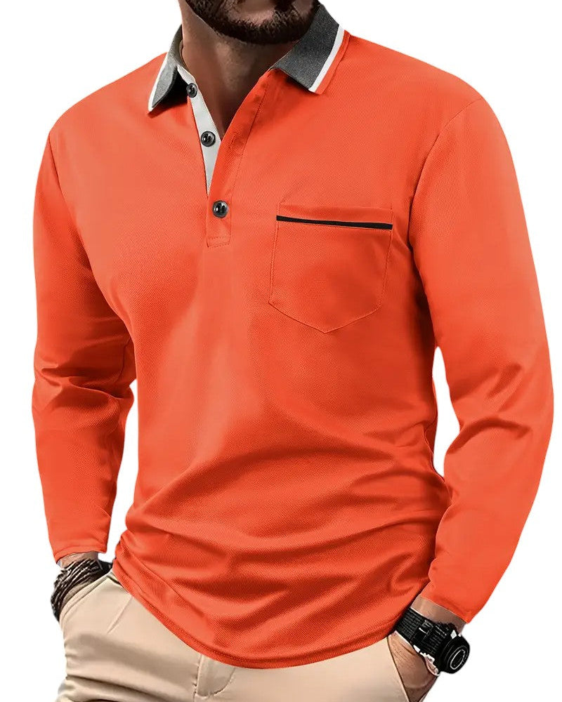 Polo à manches longues en coton mélangé pour homme, col structuré et coutures contrastées