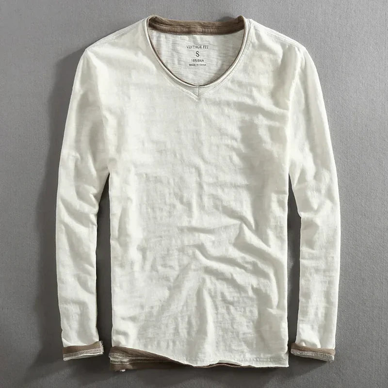 T-shirt homme à manches longues en coton avec col en V, coupe ajustée