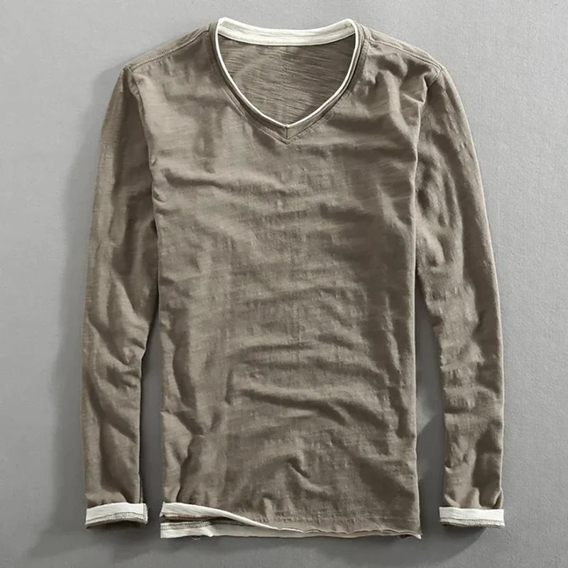 T-shirt homme à manches longues en coton avec col en V, coupe ajustée