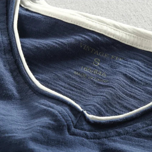 T-shirt homme à manches longues en coton avec col en V, coupe ajustée