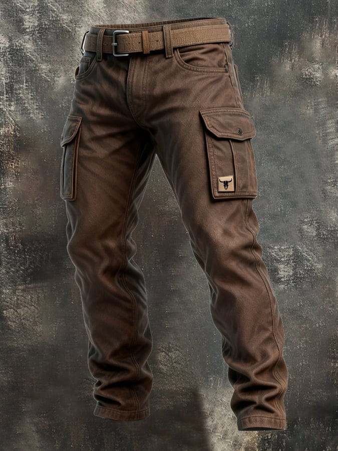 Pantalon cargo utilitaire marron pour homme à coupe droite avec poches à rabat