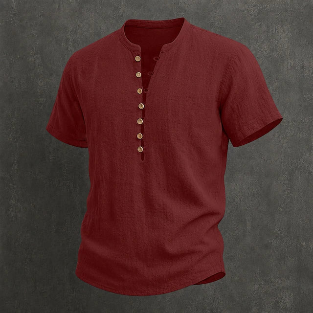 Chemise en lin pour homme à col mao, manches courtes et boutons en bois