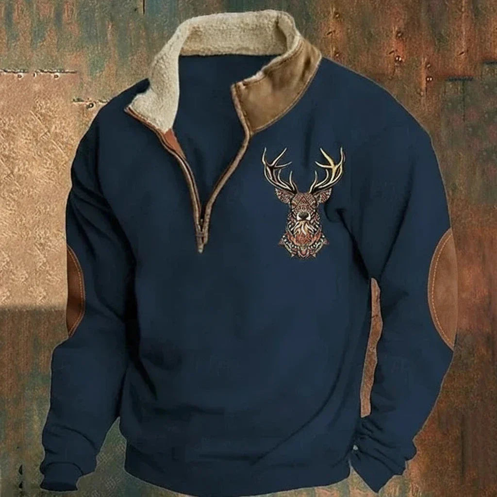 Pull half-zip pour homme doublé polaire avec motif cerf et col zippé