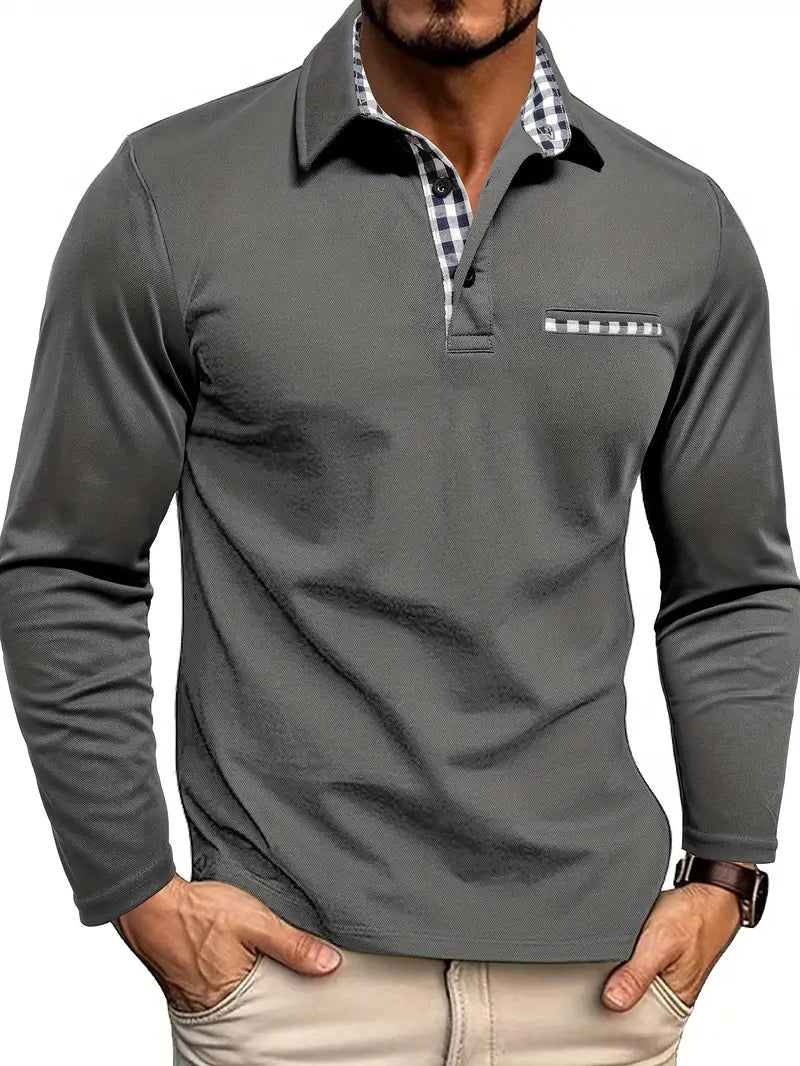 Polo à manches longues pour homme, coupe ajustée avec col et poche à empiècements à carreaux
