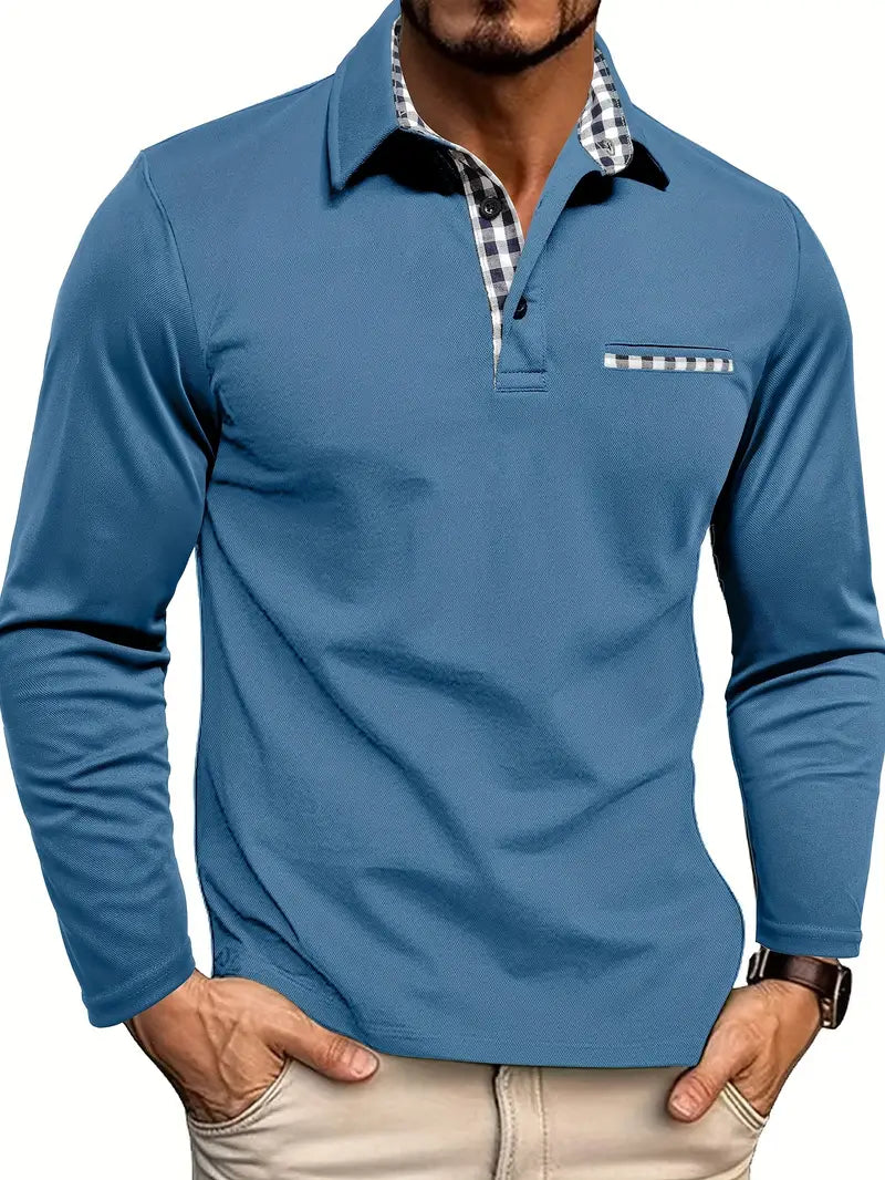 Polo à manches longues pour homme, coupe ajustée avec col et poche à empiècements à carreaux