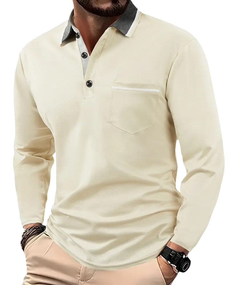 Polo à manches longues en coton mélangé pour homme, col structuré et coutures contrastées
